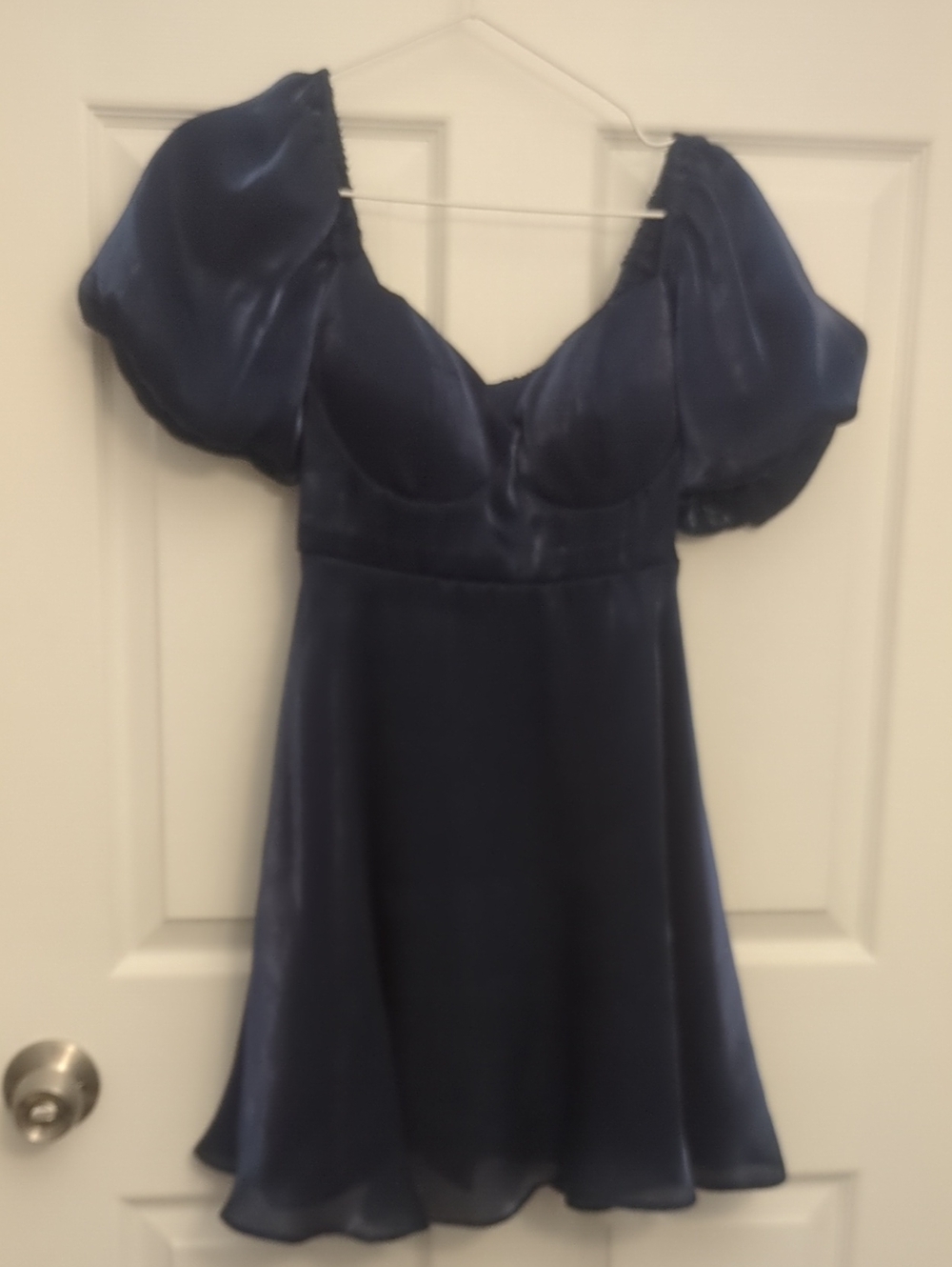 B Darlin Navy Satin Puff-Sleeve Mini Dress